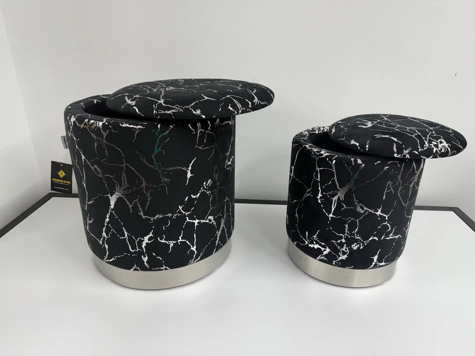 Set di 2 pouf portaoggetti Marmo Rotondo Imbottito Nero Con Dettaglio Argento - Immagine 4 di 4