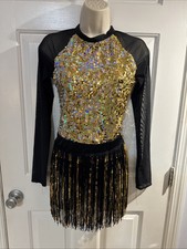 WEISSMAN Dance Costume SET IT ALL FREE13688 fringe flapper gold- MA