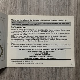 Tetris (Nintendo NES) Instruction Manual Only - No Game