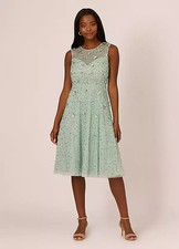 Adrianna Papell Icy Sage Green Illusion Beaded Mesh Midi Dress Size 4 $279
