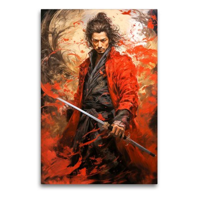 Premium Textil-Leinwand 90x60cm hoch Der wagemutige Samurai | Wandbild, HD-Bild 