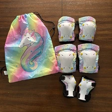 Unicorn Girls Sz Small Knee, Elbow And Wrist Pads Guards With Drawstring Bag
