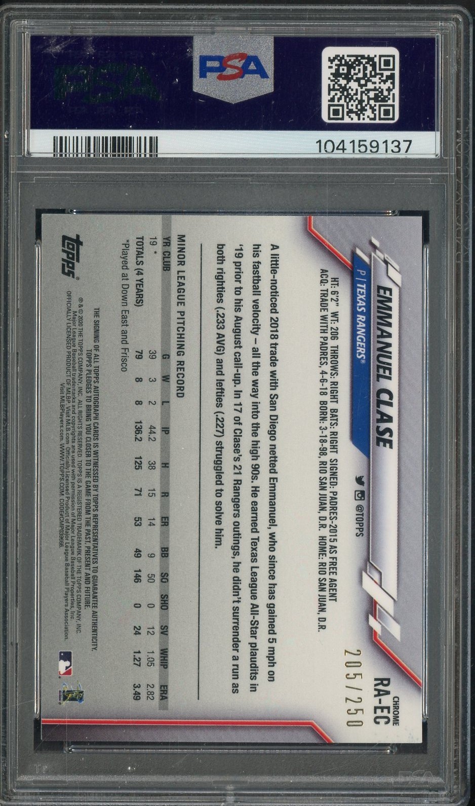 2020 Topps Chrome Purple Refractor Emmanuel Clase RC Rookie AUTO 205/250 PSA 9 view 2