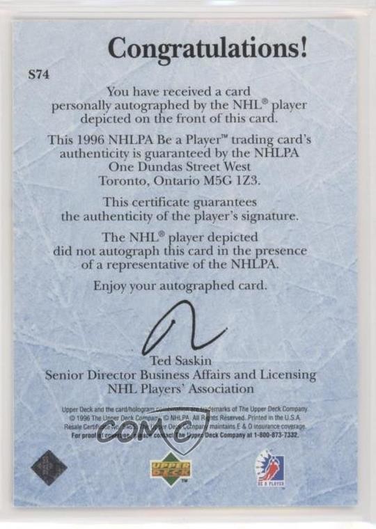 1995-96 Upper Deck Be a Player Auto Sean Hill #S74 Auto 9b4