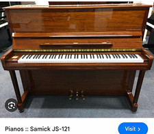 Samick JS-121 Upright Piano 88 Keys 3 Pedals Walnut Brown Medium Wood Wheels