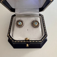 David Yurman Blue Topaz Cookie Stud Earrings 925 Sterling Silver Gold