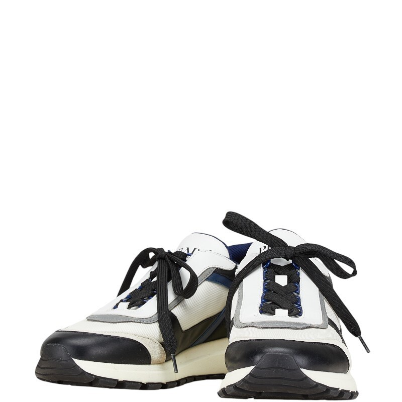 Prada Men's White Gray Navy Leather Suede Sneakers Size 8.5 4E3482