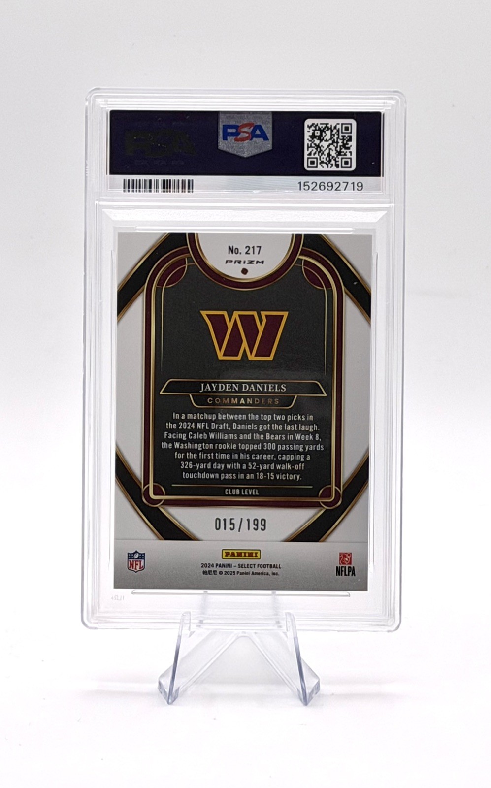 2024 Panini Select Jayden Daniels Club Level RC White Shock #15/199 PSA 10 view 2