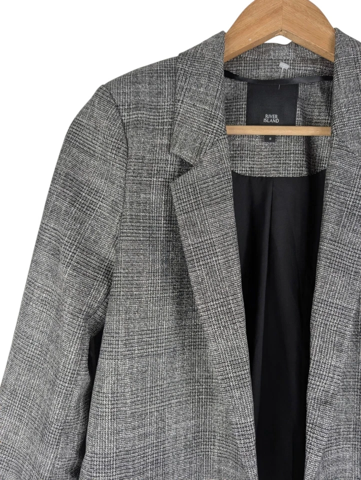 River Island Grey Blazer Silver Check Jacket, Open Front 3/4 Sleeve, Size 8 - Image 2 of 4