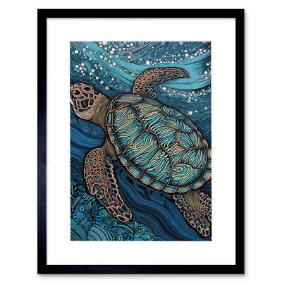 Lebendige Meeresschildkröte schwimmt unter der Oberfläche gerahmter Wandkunstdruck 12 x 16