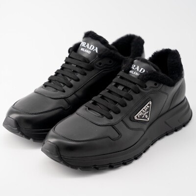 size 9 / 9.5us Prada Shearling Fur Lined Black Leather Sneakers Triangle logo