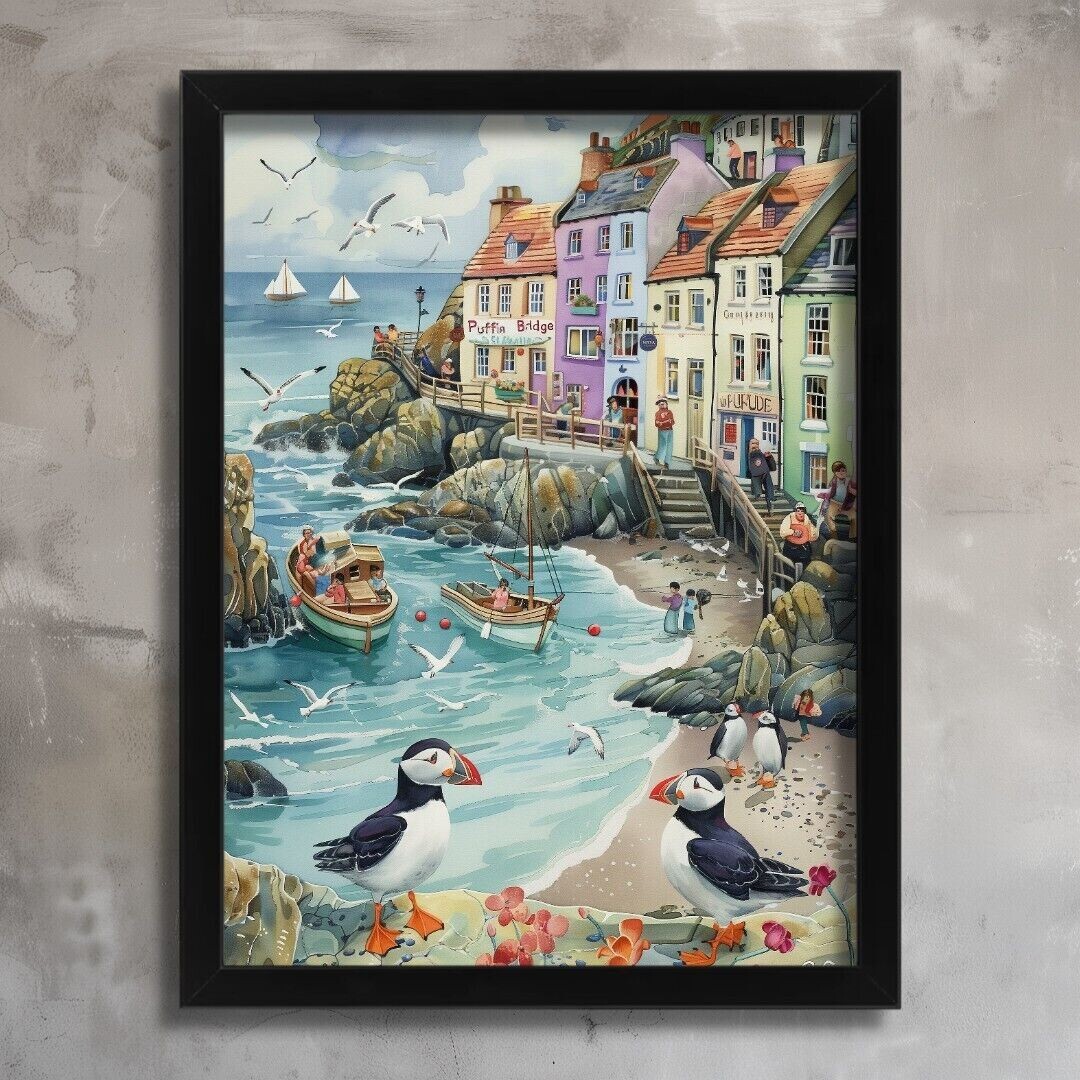 Puffin Town Wall Art Print Living Room Picture Puffins Animal Print Poster Art