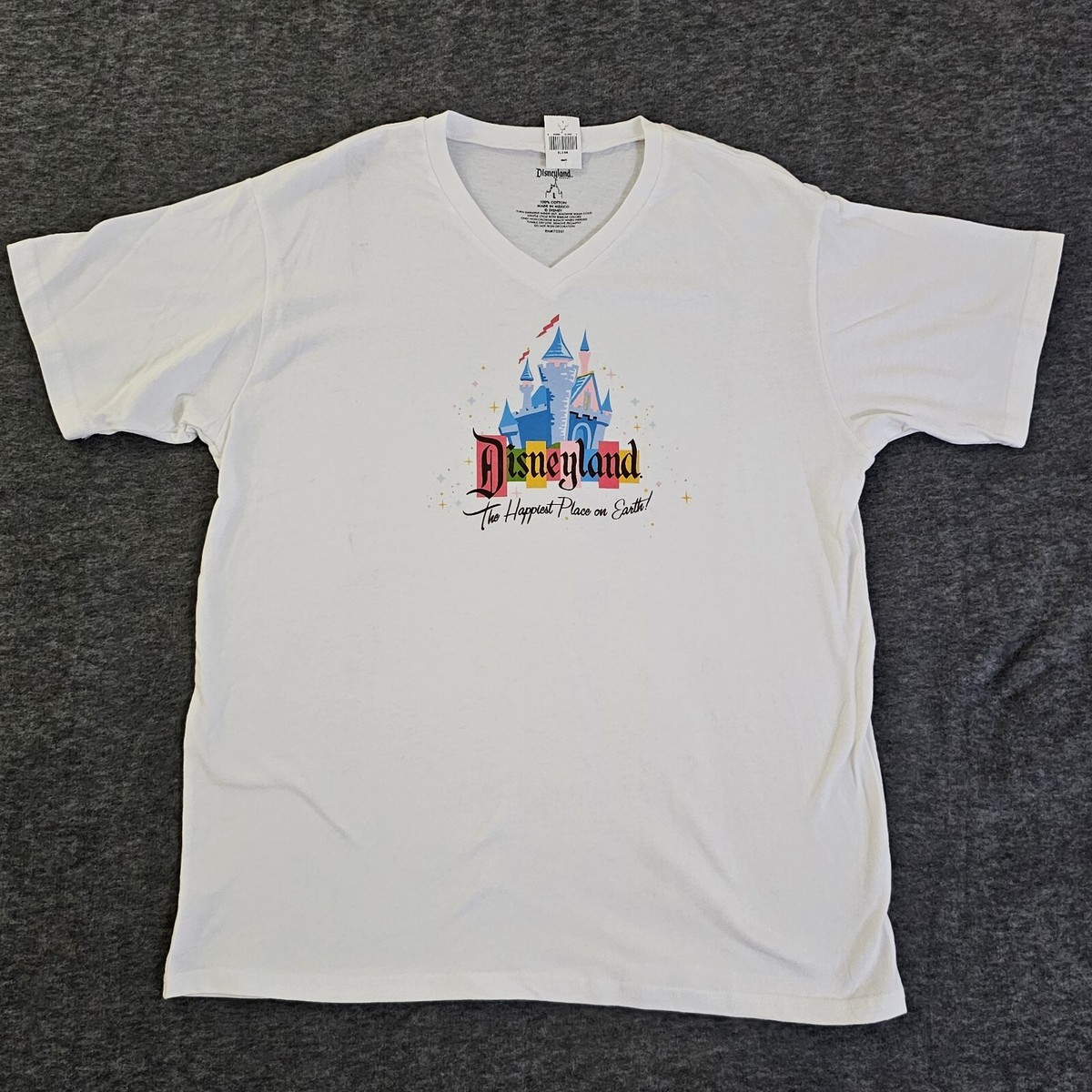 Disney V Neck White T Shirt Large Disneyland The Happiest Place on Earth