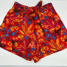 C&C California Red Floral Print Linen Paperbag Shorts -Size 4 - Back Elastic-EUC