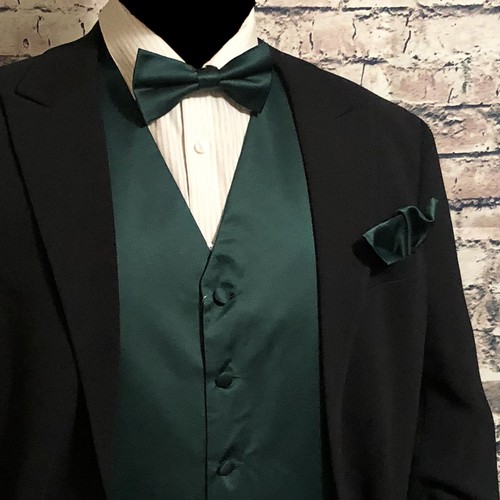 Dark Forest Green Vest Waistcoat Straight Cut Bow Tie Set Suit / Tuxedo Wedding - Picture 1 of 4