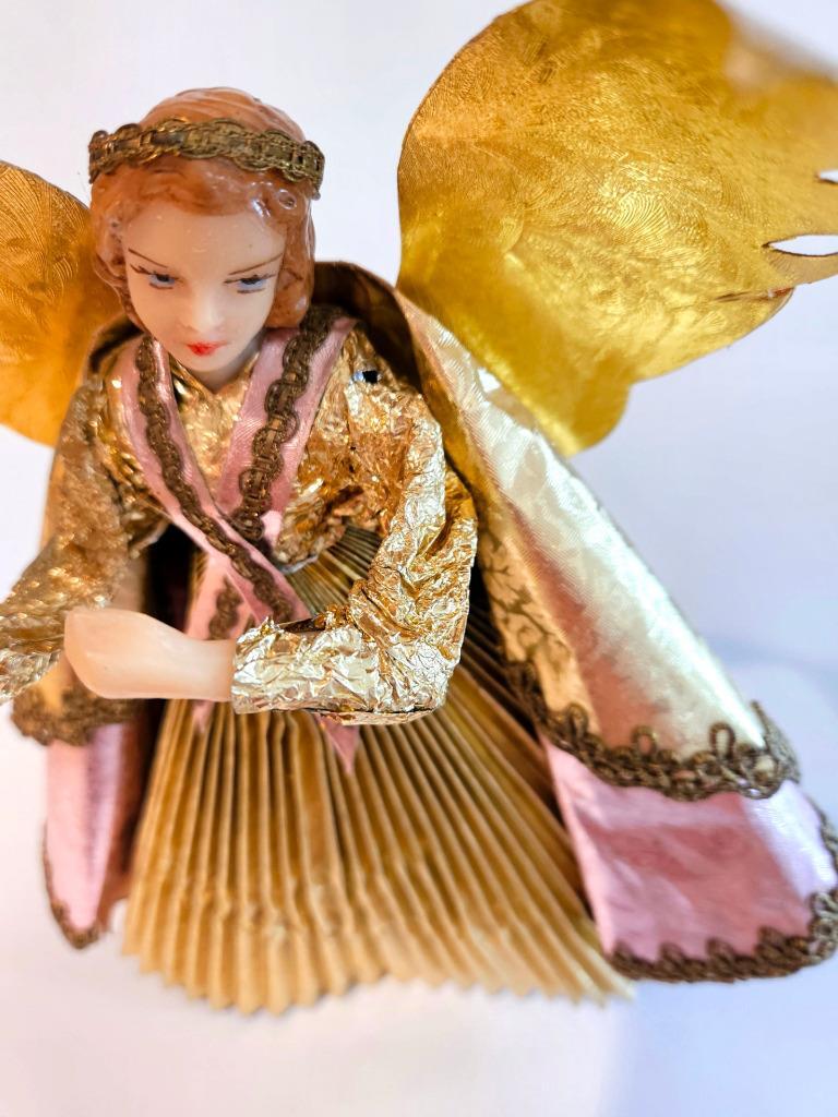 Vtg Nuremberg German 9" WAX ANGEL TREE TOPPER Holding Candle Gold Pink