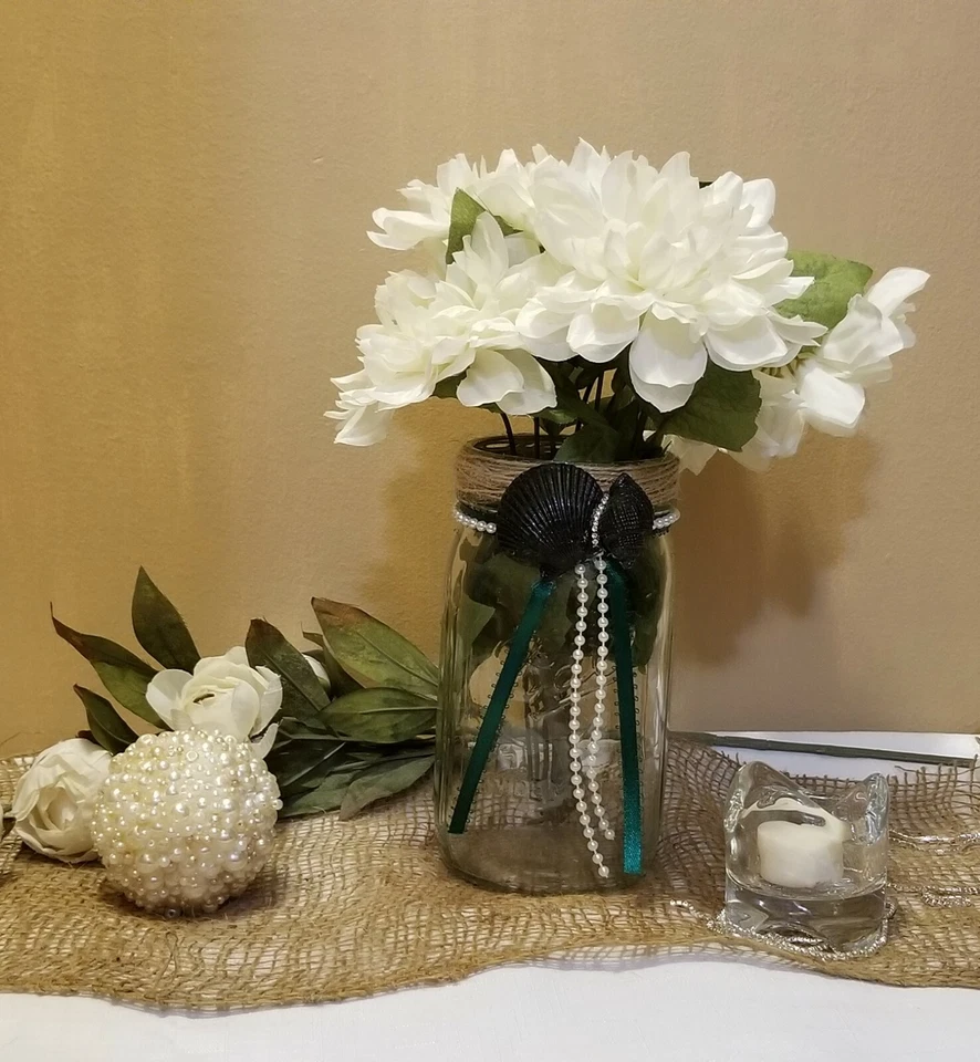 Centro de mesa de boda tarro de albañil con pedrería decoración de playa tema de playa boda  Foto 4 de 4