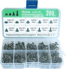 200pcs Tactile Push Button Switch Assortment Kit 6x6mm DIP 4Pack 6x6x4.3 10