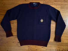 Vintage POLO Ralph Lauren Mens M Navy w Burgundy Wool Sweater w Pocket and Crest