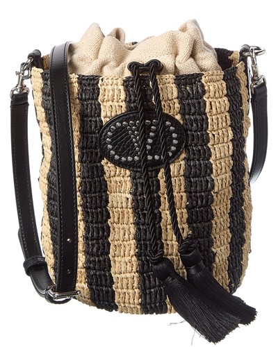 Valentino Vlogo Signature Small Raffia Bucket Bag Women's Black