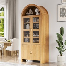 71" Tall Arched Wood Kitchen Pantry Storage Cabinet With Glass Doors and Shelves