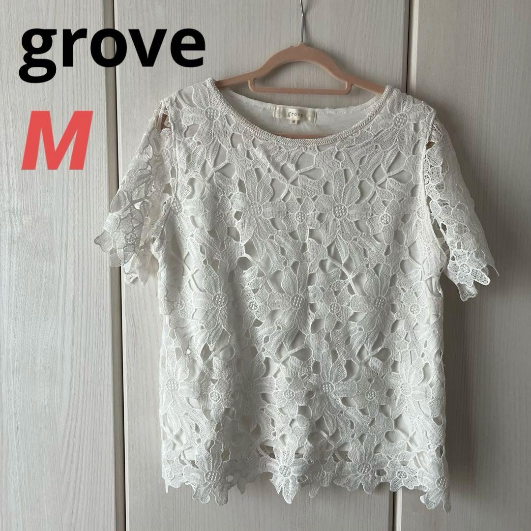 Grove floral lace top M White short sleeve women's blouse Japan