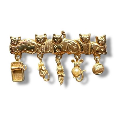 Vintage Signed A.J.C. Retro Cats Charms Pin Brooch