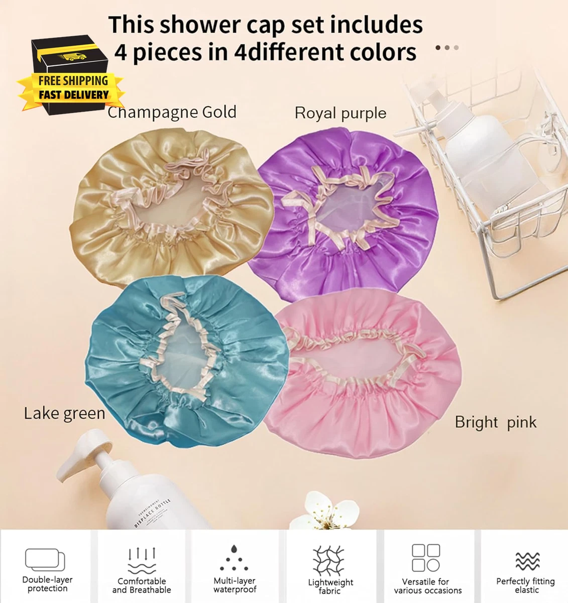 4er Pack bunte EVA Duschkappen, doppellagig wasserdicht, wiederverwendbar & langlebig