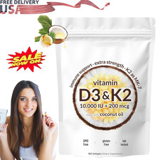 Vitamin D3 10000 iu Plus K2 MK-7 200 mcg, 300 Virgin Coconut Oil Softgels US