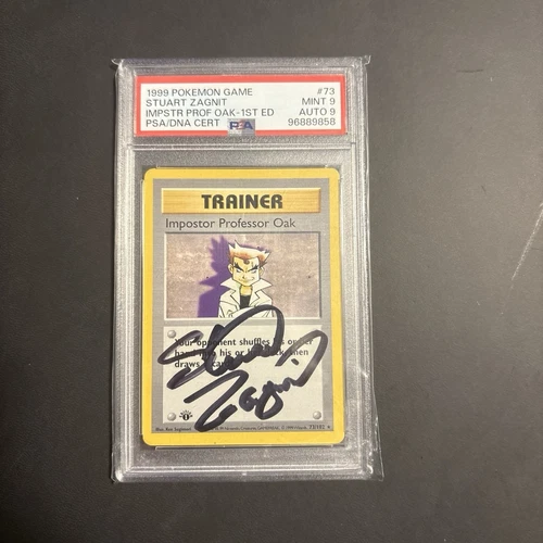 Impostor Professor Oak Pokémon - 1st Edition - 73/102 PSA9 STUART ZAGNIT AUTO