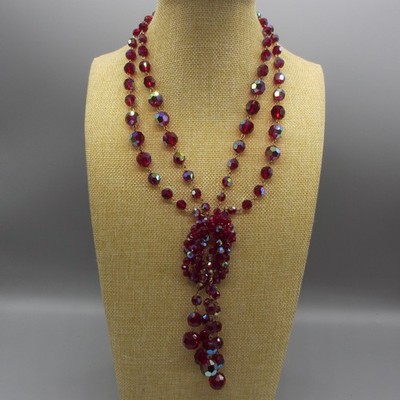 Bergere Necklace Glass AB Bead Red Festoon Tassel Rhinestone ONE MISSING RS 20''