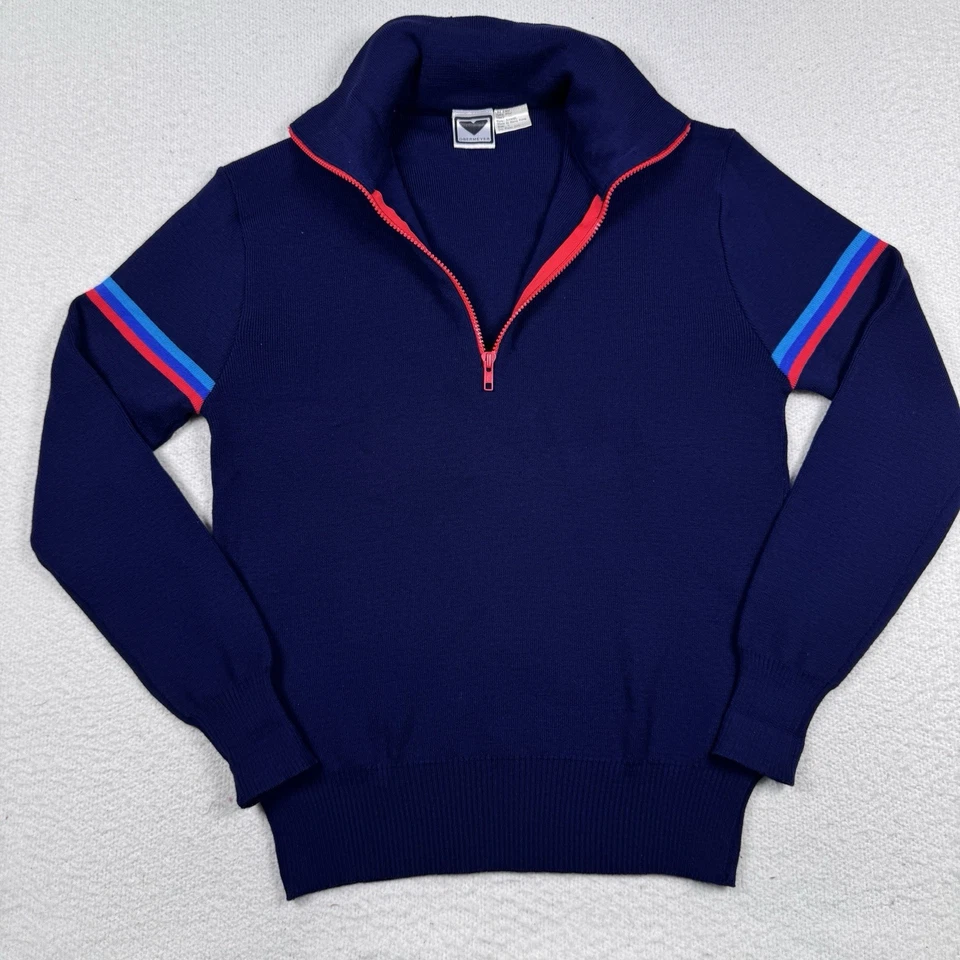 VTG Obermeyer Ski Sweater Men Large 1/2 Zip 100% Wool Thick Double Collar Navy - Image 2 of 4