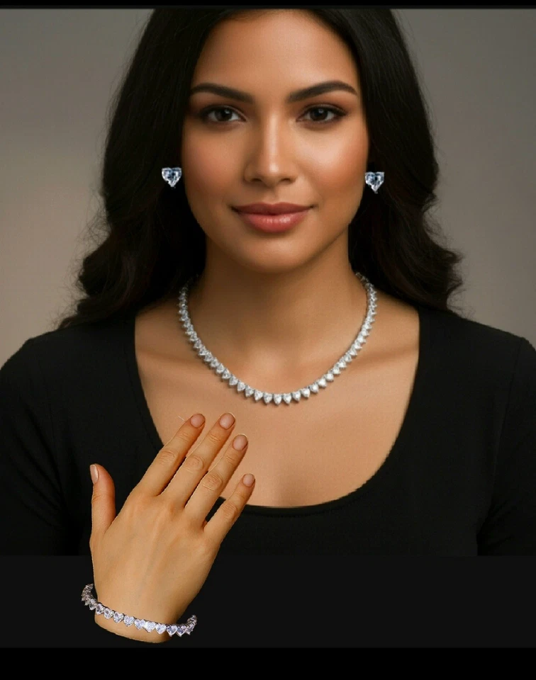 18k White Gold Plated Stunning 5p Tennis Heart Jewelry Set Lab-Created Swarovski - Image 2 of 4