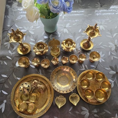 Brass Puja Aarthi Thali Diya Kamakshi Oil Lamps Deepam Bell Kalash Bowls 4+ Lbs
