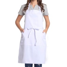 BIGHAS Adjustable Bib Apron with Pocket Extra Long Ties for 27W 32L, White
