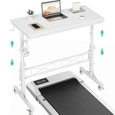 Small Portable Treadmill Walking Pad Desk on Wheels, 32 Inch White Adjustable...
