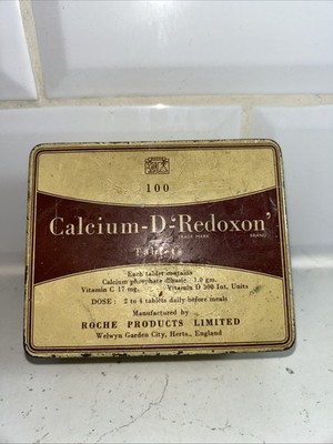 vintage BLECHDOSE 100 TABLETTEN CALCIUM-D-REDOXON ROCHE MILAN LEERDOSE