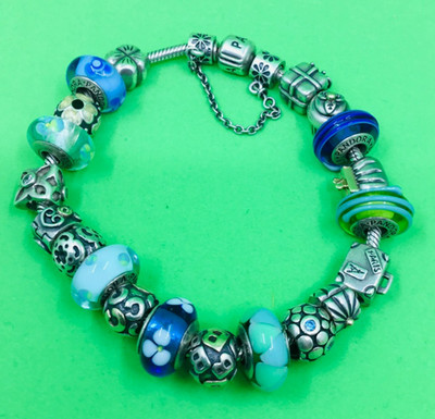 Pandora Bettelarmband 925 Sterling Silber Blau Murano Glas Strass