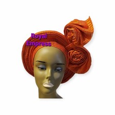 Aso-Oke African Headtie Auto Gele, Orange Empress headwear