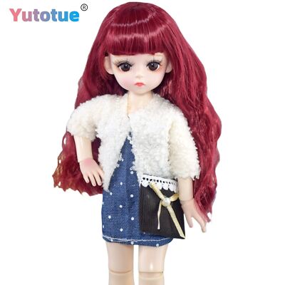 Yutotue Mini BJD Doll Toy 12 inch Girl Doll w/ Wine red Curly Wig Clothes Shoes