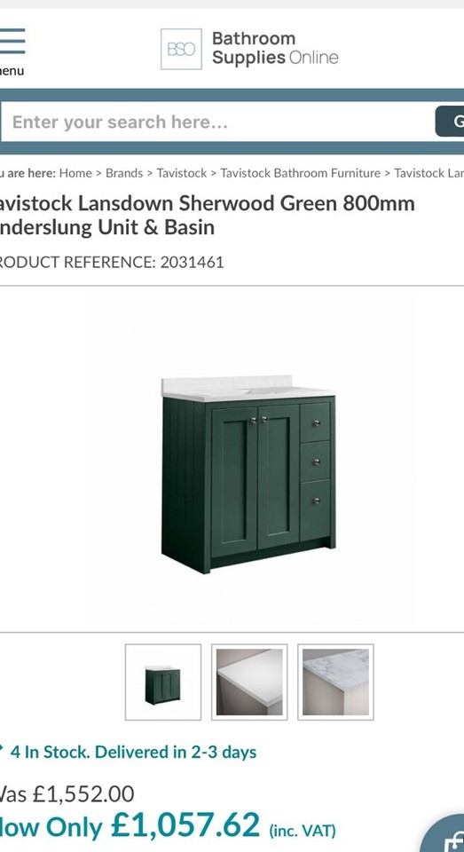 Tavistock Underslung Vanity Unit 800mm Green Bathroom Freestanding RRP