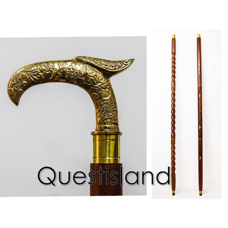 Engraved Solid Brass Eagle Head handle Wooden Wal… - image 2