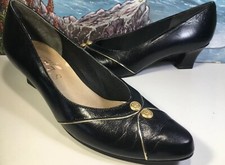 SELBY COMFORT FLEX VINTAGE BLACK LEATHER BLOCK HEEL SIZE 8.5 GOLD TRIM