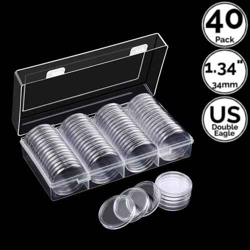 40 Pack 1.34 IN 34 mm Round Coin Capsule Holders w/ Case 4 US Double Eagle Gold