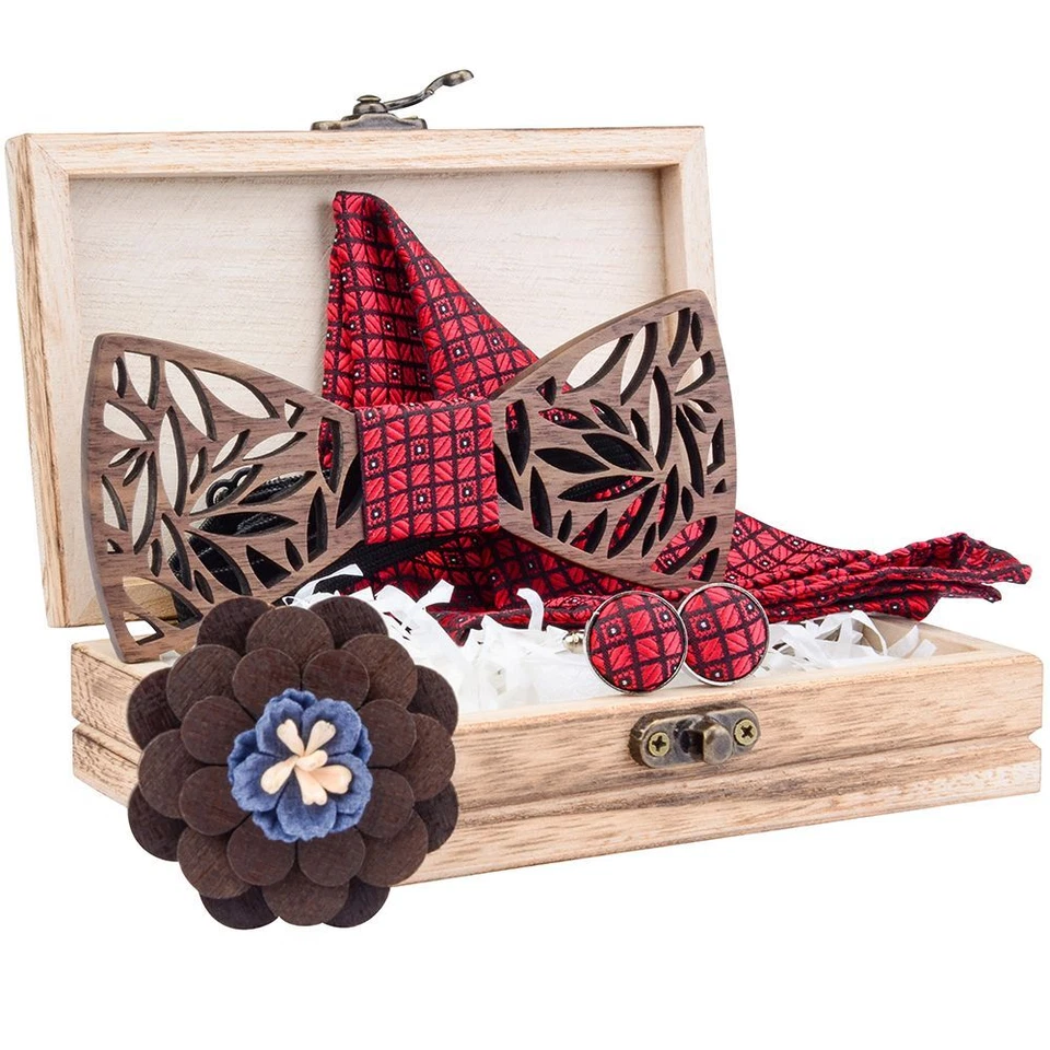 Pajarita de madera Branduce Paisley - Juego cuadrado de bolsillo ajustable para hombres boda pajaritas Foto 3 de 4