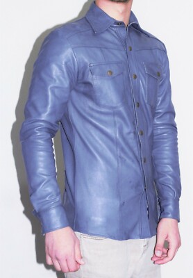 Men's Gray Real Lamb Leather Soft & Lightweight Biker Full Sleeve Fashion Shirt