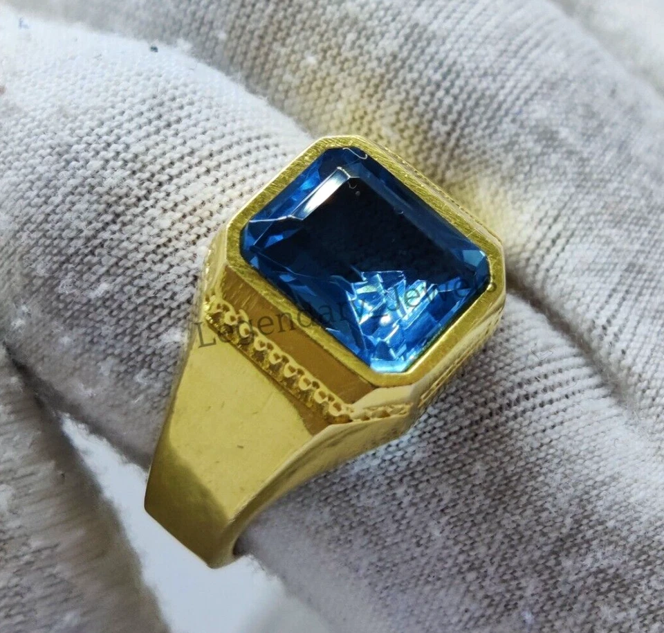 Natural Blue Topaz Gemstone with 925 Sterling Silver Gold Plated Ring For Men's