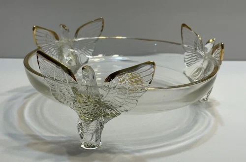 JEANETTE GLASS 22k Gold Trim Footed Dish 3 Eagle Candy Bowl Depression Wings 7”