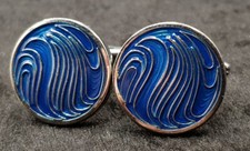 Pair of Silver Plated Enamel Cufflinks - Enamelled Blue Wave Design - FreeUKP&P 