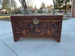 Antique Wooden Hand Carved Chinese Camphor Chest